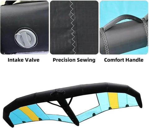 Details of inflatable windsurfing kite with intake valve, precision sewing, comfort handle, and yellow-blue window for water play.