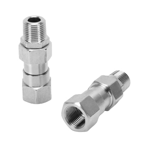The Real Deal Heavy Duty Stainless Steel Hydraulic Hose Fittings Three Eighth Inch NPT Female To Male Swivel Adapter With Rotating Joint Stops Kinking No Sweat Flexibility For Plumbing Projects Or Auto Repair Work And DIY Enthusiasts. stainless steel 3/8 NPT swivel hose fitting, two angles