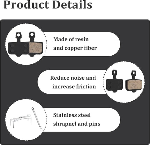 Product details of 4 Pack Semi Metallic MTB Disc Brake Pads for Hydraulic Brakes compatible with Elixir, copper resin parts shown.