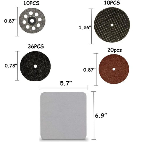 All In One Rotary Tool Cutting Wheel Kit 88-Pc Set with HSS circular blades, diamond discs, resin cut off wheels, polished discs shown.