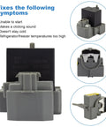 Refrigerator Start Relay Kit With Run Capacitor W10189190 W10662129, shown from different angles, for Whirlpool Kenmore Electrolux.