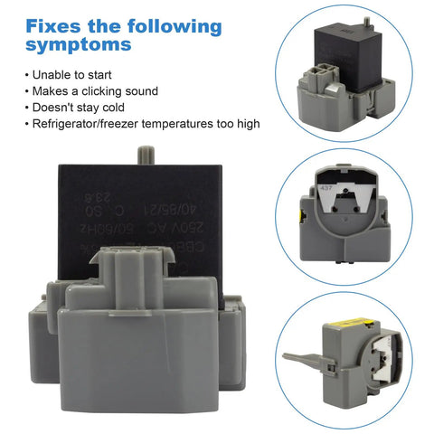 Refrigerator Start Relay Kit With Run Capacitor W10189190 W10662129, shown from different angles, for Whirlpool Kenmore Electrolux.