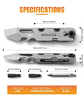 Stainless steel EDC multitool shown in side and top views with pry bar, bit tips, and pen attachment; length 145mm.