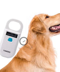 Golden retriever next to AR180 Pet Microchip Reader for Dogs and Cats, Reads 15-Digit ISO 11784/11785 FDX-B Chips.