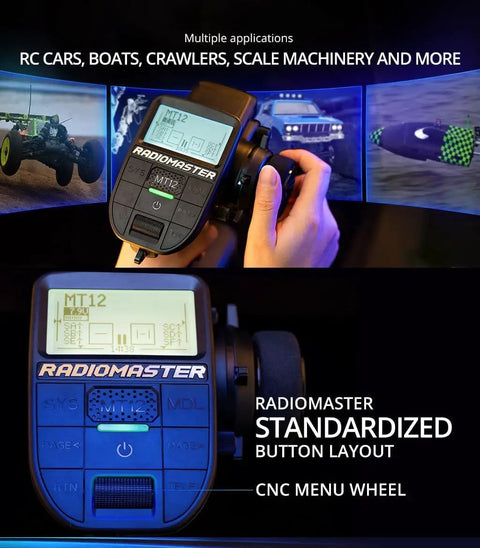 Open Source Surface Radio Controller MT12 With 2.4G ExpressLRS And 4in1 Multi Protocol for RC Cars and Boats, close-up view
