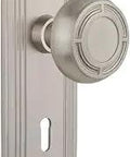 Deco Plate With Keyhole Mission Knob Door Hardware Set, Passage, Satin Nickel, Solid Brass Plates With Lead Crystal Knobs, 2-3/8 Backset