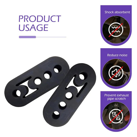 2 Pack Rubber Exhaust Hangers For Muffler And Tailpipe Adjustable 4 Hole Universal Damping Bracket shown with usage icons