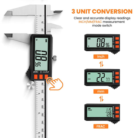 Rechargeable Digital Caliper With Power Display And USB C Charging 6 Inch Caliper With Large LCD Screen MM In Conversion Ideal For Jewelers Woodworkers And DIY Projects showing three unit conversion display