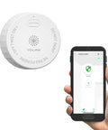 Photoelectric Smoke Alarm With App Alerts, Smart Smoke Detector, Self Test, UL217 10th Edition And CAN ULC S531 Certified, Hub Required, round white alarm shown with smartphone app status screen