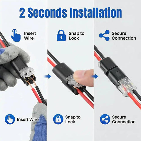 Demonstration of No Tool Needed Quick Connect Wire Connectors With Snap On Locking Buckle For LED Strip Lights Push In Electrical Connectors