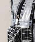 Close-up of rugged anti static PVC engineer bag waterproof crossbody shoulder satchel transparent tool organizer zipper detail.