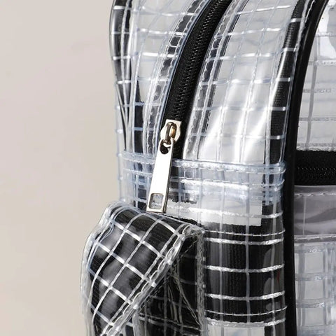 Close-up of rugged anti static PVC engineer bag waterproof crossbody shoulder satchel transparent tool organizer zipper detail.