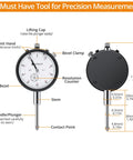 High-Precision 0 To 1 Inch Dial Indicator With 0.001 Inch Readout, shown with labeled parts and dimensions