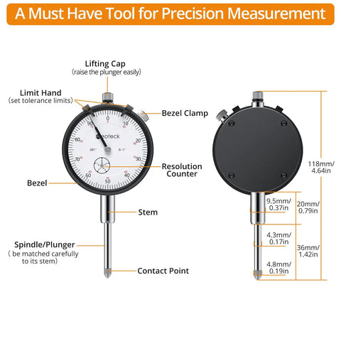 High-Precision 0 To 1 Inch Dial Indicator With 0.001 Inch Readout, shown with labeled parts and dimensions