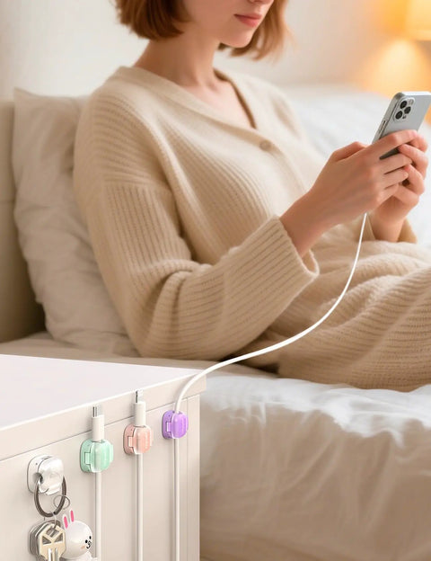 8 Pack Cable Clips Cord Organizer With One Hand Lock And Extra Strong Adhesive, used on a nightstand to hold phone charging cable.