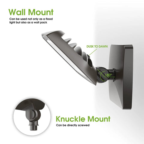 45W Dusk To Dawn LED Flood Light, 5200 Lumen Outdoor Security Light, wall mount side view, 180 degree adjustable knuckle