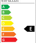 Energy label for E10 GL1221 bulb showing efficiency rating E and consumption details, visual informative guide.