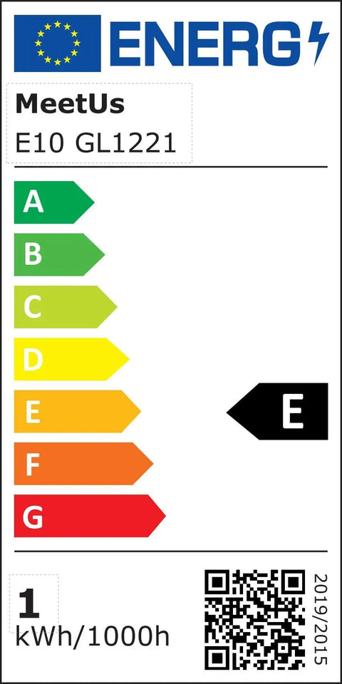 Energy label for E10 GL1221 bulb showing efficiency rating E and consumption details, visual informative guide.
