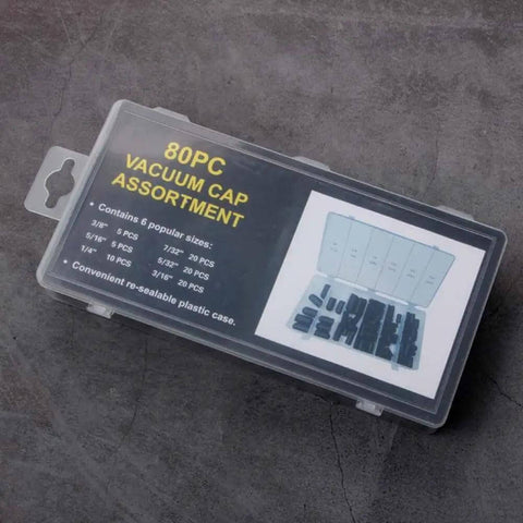 80 Piece Rubber Vacuum Line Cap Assortment Kit For Carburetor And Engine Manifolds With 6 Sizes Including 5/32 Inch To 3/8 Inch Great For Tight Seals And Fast Auto Repairs Under the Hood in plastic case