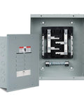 Front and side view of an Eight Space 125 Amp Circuit Breaker Panel Load Center For Home And Small Biz Use 120V And 240V Electrical Distribution Box In Indoor NEMA 1 Steel Enclosure.