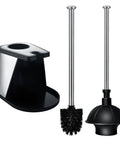Heavy Duty Toilet Brush And Plunger Combo With Killer Suction And Sturdy Bristles For No Sweat Clog Removal Plus Straight Up Bathroom Deep Cleaning Freshness In Black on a holder.