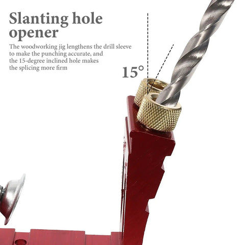 Pro Level Pocket Hole Drill Guide Jig For Woodworking Featuring Quick Release Clamps And Precision 15 Degree Angle Locator for slanting hole opener with drill sleeve.