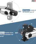 Beefy Three Piece Breaker Bar Set With Fifteen And Eighteen Inch Dual Drive One Half Inch And Three Eighth Inch Bars Plus A Ten Inch Short Bar, 360 Degree Rotating Phosphated Heads And Ergonomic Non Slip Knurled Handles showing 180 and 360 degree flexibility.