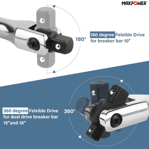 Beefy Three Piece Breaker Bar Set With Fifteen And Eighteen Inch Dual Drive One Half Inch And Three Eighth Inch Bars Plus A Ten Inch Short Bar, 360 Degree Rotating Phosphated Heads And Ergonomic Non Slip Knurled Handles showing 180 and 360 degree flexibility.