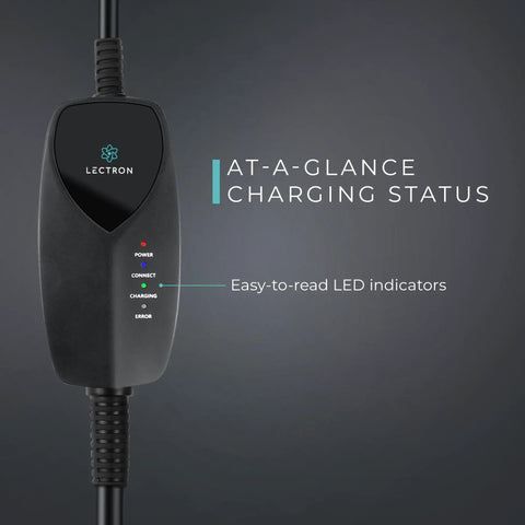 Level 1 Smart EV Charger With WiFi And App Control, 12 Amp, 120V Portable Home Charger showing LED indicators