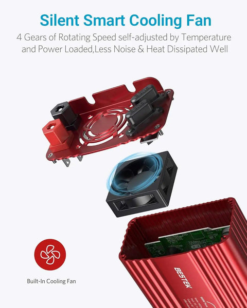 Inner view of 500W Pure Sine Wave Car Inverter with silent smart cooling fan and red casing 
