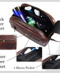 Open leather toiletry bag showing interior compartments, products inside, leather handle, and detailed views of zippers and pockets