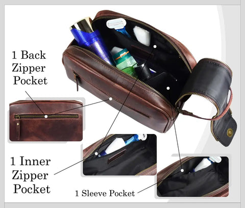 Open leather toiletry bag showing interior compartments, products inside, leather handle, and detailed views of zippers and pockets