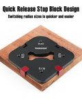 Router Corner Radius Template Kit with Aluminum Alloy Jig, CNC Machined and Anodized, Quick Release Stop Block on Wood