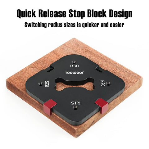 Router Corner Radius Template Kit with Aluminum Alloy Jig, CNC Machined and Anodized, Quick Release Stop Block on Wood