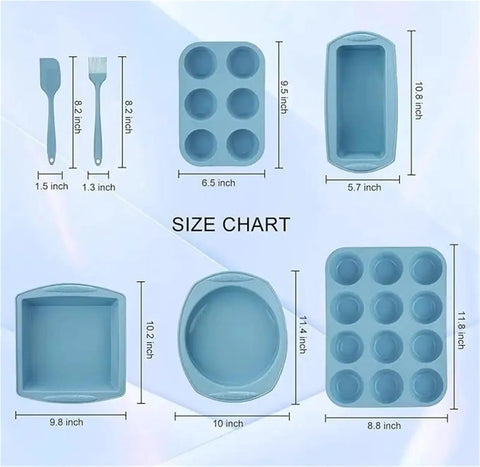 Size chart of All In One Silicone Baking Set 7 In 1 For Ovens With Brush And Spatula And Round Square And Loaf Pan Molds In Blue