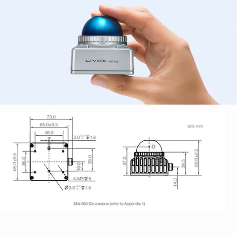 Hand holding 360 Degree LiDAR Sensor For Robots And Drones With Ultra Wide Field Of View, Lightweight 265g And Compact 65X65X60mm