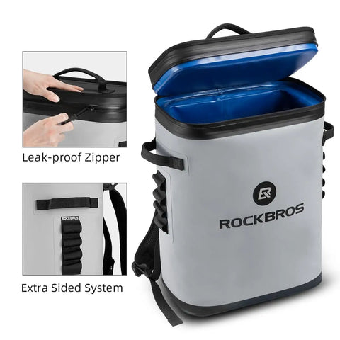 Leakproof Soft Sided Backpack Cooler For 36 Cans, Insulated Waterproof Cooler Bag, Perfect For Camping, Fishing, Picnics, And Outdoor Adventures, Grey, shown open with features like leak-proof zipper and extra sided system.