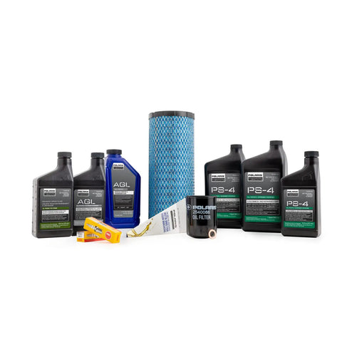 All-In-One General 1000 XP 1000 And RZR Trail S and S 1000 Maintenance Kit With Demand Drive Fluid AGL Fluid PS-4 5W-50 Full Synthetic Oil One Air Filter Genuine OEM Part 2830544 displayed with bottles and filters