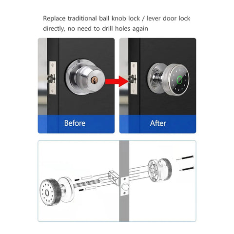 Solid Pro Grade Smart Lock Fingerprint Knob Door With Wireless APP Control Keyless Entry touchscreen replacement illustration