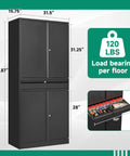 Heavy Duty Metal Garage Storage Cabinet With Drawer And Locking Doors, dimensions displayed, 4 Door Tool Cabinet, 2 Adjustable Shelves