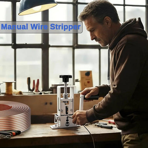 Man using Dual Drive Wire Stripper Tool For Scrap Copper And DIY Wiring, Drill Powered Or Hand Crank Copper Cable Stripping Machine