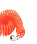 Top Shelf Pu Spring Air Hose For Air Compressor With Swivel Couplers And Anti Twist Design Hella Durable Grease Resistant Pneumatic Telescopic Pipe coiled in bright orange.