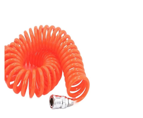 Top Shelf Pu Spring Air Hose For Air Compressor With Swivel Couplers And Anti Twist Design Hella Durable Grease Resistant Pneumatic Telescopic Pipe coiled in bright orange.
