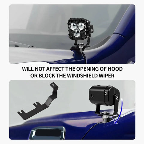 Hood Hinge Light Mount Brackets for Silverado 1500 2014 2018 Chevy shown with mounted cube pod lights and additional mounting holes.