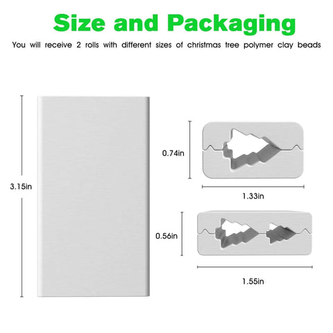 Size and packaging details of Christmas Tree Polymer Clay Bead Roller Set with 2 rolls for creating beads in 3 sizes