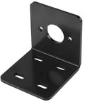 Black metal L-shaped DC motor mounting bracket with a central circular hole on the upright and four elongated base slots