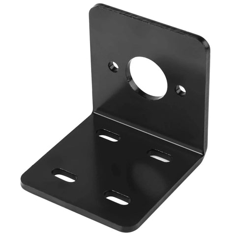 Black metal L-shaped DC motor mounting bracket with a central circular hole on the upright and four elongated base slots