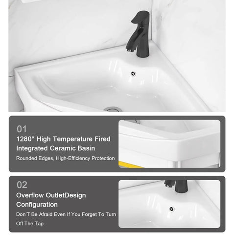 Bathroom Corner Basin Sinks, Wall Mount Vessel Sink,White Vessel Sink,Combo For Small Space Wall Mounted Cabinet Set Design White Resin Basin Sink Top Chrome Faucet And Drain. (48x48x40cm) close-up of faucet and basin.