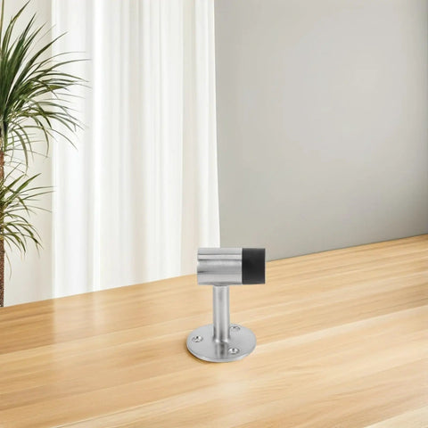Zinc Alloy Door Stopper With Rubber Bumper, Rust Proof And Windproof Design, on a wooden surface with silver finish