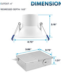 Dimensions of the Ace 4 Inch LED Canless Downlights With J Box 12W Dimmable Recessed Ceiling Lights, showing cutout and housing size.